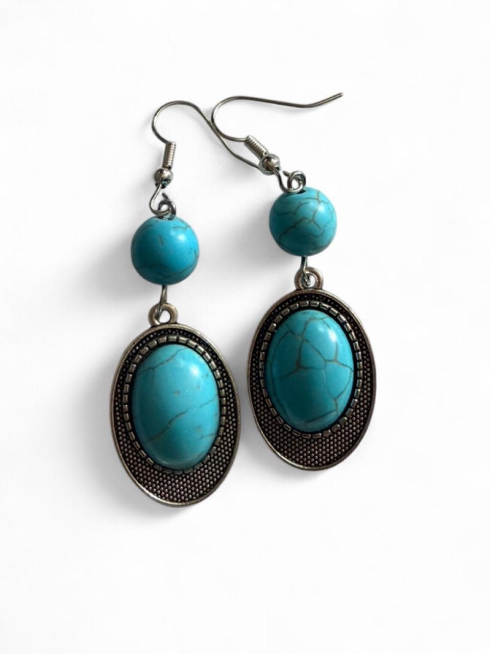 Handmade Southwestern Oval Turquoise Cabochon Dangle Earrings Western Boho - Picture 1 of 4